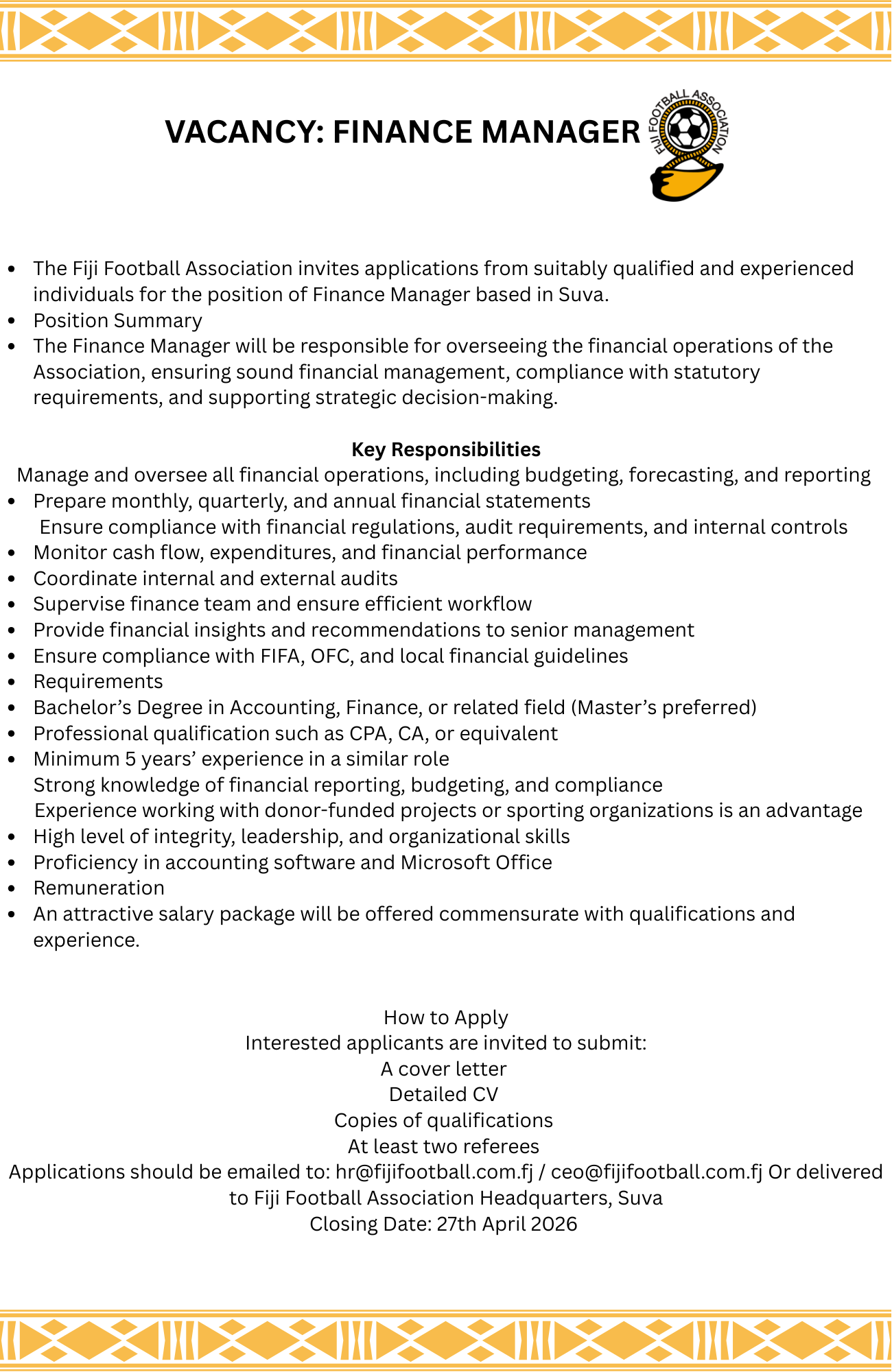 VACANCY| FINANCE MANAGER